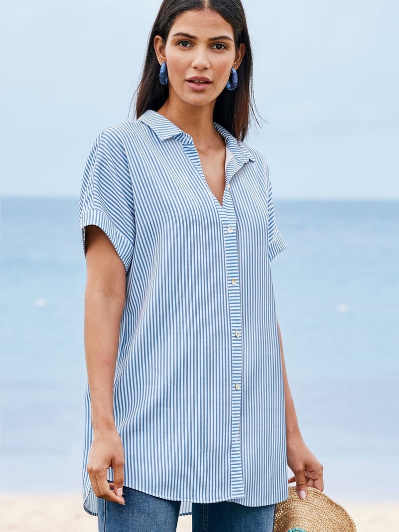 Soft Surroundings Je Veux Tencel Shirt Striped Tunic Top Blue Size 2x Coastal